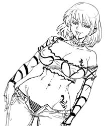  10s 1girl abs bad_id bb_(baalbuddy) breasts cleavage covered_erect_nipples cowboy_shot greyscale hair_between_eyes hikage_(senran_kagura) inactive_account jewelry large_breasts long_tongue midriff monochrome navel necklace panties senran_kagura short_hair simple_background sketch solo source_request standing striped_clothes striped_panties tattoo toned tongue tongue_out underwear unzipped white_background wide_hips  rating:Sensitive score:45 user:Anon_Perv