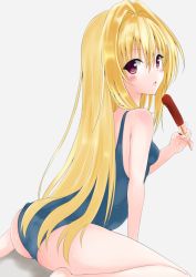 10s 1girl :o ass bare_arms bare_legs bare_shoulders barefoot between_legs blonde_hair blue_one-piece_swimsuit blush breasts colorized covered_erect_nipples detexted embarrassed food from_behind grey_background hair_intakes hand_between_legs hand_on_own_chest holding holding_food kano_(korokorokorone123) konjiki_no_yami leaning_forward long_hair looking_at_viewer looking_back multicolored_background one-piece_swimsuit open_mouth popsicle portrait red_eyes simple_background sitting sleeveless small_breasts solo spread_legs sweat swimsuit third-party_edit to_love-ru to_love-ru_darkness two_side_up very_long_hair wariza yabuki_kentarou yamaiwa_shuuhai rating:Questionable score:32 user:danbooru