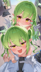  1boy 2girls :d \||/ absurdres ass black_tail blue_archive blush breasts closed_mouth collarbone commentary completely_nude demon_tail fang gloves green_hair green_halo hair_between_eyes hair_ornament halo hand_on_own_face highres hikari_(blue_archive) indoors long_hair long_sleeves looking_at_viewer mesugaki mirror multiple_girls nozomi_(blue_archive) nude open_mouth pita_goral pointy_ears pov reflection revision ribbon sensei_(blue_archive) shirt short_hair siblings sidelocks sisters sitting skin_fang skirt small_breasts smile smug tail twins twintails unworn_skirt very_long_hair white_gloves yellow_eyes 