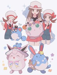  2girls 343rone :d ? ?? absurdres azumarill bow brown_hair closed_eyes commentary_request creatures_(company) game_freak gen_1_pokemon gen_2_pokemon hair_flaps hat hat_bow highres igglybuff leaf_(pokemon) long_hair lyra_(pokemon) marill multiple_girls multiple_views nintendo open_mouth overalls pleated_skirt pokemon pokemon_(creature) pokemon_frlg pokemon_hgss red_bow shirt sidelocks skirt smile sparkle thumbs_up twintails white_hat wigglytuff 