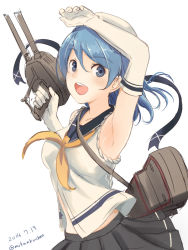 10s 1girl arm_up armpits bad_id bad_nicoseiga_id blue_eyes blue_hair breasts collarbone dated elbow_gloves from_side gloves hair_between_eyes hat kantai_collection looking_at_viewer machinery matching_hair/eyes medium_breasts midriff_peek mikanmelon open_mouth school_uniform serafuku short_hair simple_background skirt sleeves_rolled_up solo twitter_username urakaze_(kancolle) rating:Sensitive score:8 user:danbooru