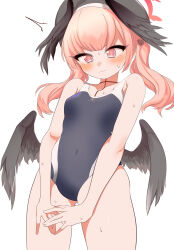 1girl absurdres bare_arms beret black_hat black_one-piece_swimsuit black_wings blue_archive blush breasts closed_mouth covered_navel cowboy_shot embarrassed ereere feathered_wings halo hat head_wings highres koharu_(blue_archive) low_wings one-piece_swimsuit pink_eyes pink_hair pink_halo red_halo school_swimsuit simple_background small_breasts solo standing sweat sweatdrop swimsuit twintails v_arms wavy_mouth white_background winged_halo wings