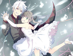  1boy 1girl blonde_hair collared_shirt copyright_name couple dancing dress elbow_blade elbow_gloves formal frilled_dress frills gloves green_eyes height_difference high_heels holding_hands maka_albarn musical_note necktie otojirou red_eyes red_shirt scythe sharp_teeth shirt soul_eater soul_evans staff_(music) striped_suit suit teeth twintails white_dress white_footwear white_gloves white_hair 