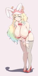  10s 1girl ;) animal_ears blonde_hair blush breasts detached_collar different_shadow dragon_girl fake_animal_ears full_body gradient_hair green_hair hat heart high_heels highres horns huge_breasts kobayashi-san_chi_no_maidragon leaning_forward leotard lucoa_(maidragon) multicolored_hair nipple_slip nipples omochi_(masamicron) one_eye_closed playboy_bunny rabbit_ears rabbit_tail red_footwear red_leotard shoes smile solo standing tail thighhighs wrist_cuffs  rating:Questionable score:151 user:danbooru