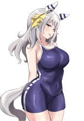  1girl animal_ears arms_behind_back blue_one-piece_swimsuit breasts clothing_cutout commentary_request competition_school_swimsuit covered_navel cowboy_shot ear_covers grey_hair highres hishi_miracle_(umamusume) horse_ears horse_girl horse_tail large_breasts looking_at_viewer medium_hair miya_nns35 one-piece_swimsuit school_swimsuit simple_background single_vertical_stripe solo swimsuit tail tail_through_clothes tracen_swimsuit umamusume wavy_mouth white_background yellow_eyes 