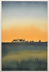  2others dawn field grass highres house mouen_tw multiple_others original painting_(medium) tagme traditional_media tree watercolor_(medium) 