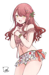  1girl bare_shoulders bikini blush bracelet breasts brown_hair collarbone cowboy_shot dated flip_(diiolive) frilled_bikini frills green_nails hair_between_eyes hair_ornament hairclip highres idolmaster idolmaster_shiny_colors jewelry leaf_hair_ornament long_hair looking_at_viewer medium_breasts navel open_mouth osaki_tenka pink_bikini red_ribbon ribbon signature simple_background smile solo swimsuit white_background yellow_eyes 