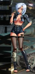  10s 1girl 2016 artist_name belt black_gloves blue_hair blush boots breasts camouflage cleavage eyepatch finger_to_mouth france french_flag gloves hand_on_own_hip high_heels highres hip_focus jacket large_breasts medium_breasts military military_vehicle motor_vehicle no_bra no_shirt original personification pinup_(style) red_eyes short_hair short_shorts shorts smile solo standing tagme tan tank tattoo tenlann text_focus thighhighs toeless_footwear toes underboob world_of_tanks  rating:Sensitive score:5 user:Diaoul