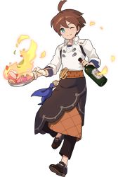  1boy ahoge alcohol alk_(world_flipper) apron artist_request belt black_apron black_footwear black_pants blue_ribbon blush bottle brown_hair chef closed_mouth cloth collarbone collared_shirt cooking fire flambe food frying_pan full_body happy highres holding holding_bottle holding_frying_pan leg_up light_blush looking_at_viewer male_focus non-web_source official_art one_eye_closed pants ribbon shirt shoes short_hair sidelocks simple_background smile solo standing standing_on_one_leg transparent_background undershirt waist_apron white_shirt wine wine_bottle wink world_flipper 
