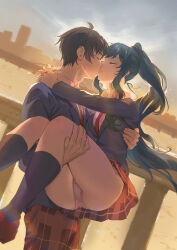  1boy 1girl absurdres arms_around_neck ass blazer blue_hair blue_jacket brown_footwear brown_pants brown_skirt carrying carrying_person cityscape closed_eyes collared_shirt commentary_request commission hetero highres jacket jaku-chara_tomozaki-kun kiss loafers long_hair nanami_minami necktie outdoors panties pants pantyshot pink_panties pixiv_commission plaid plaid_pants plaid_skirt ponytail princess_carry railing red_necktie river school_uniform shirt shoes short_hair skirt sky sunao_(souis) sunset tomozaki_fumiya underwear white_shirt 