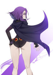  1girl ass cloak dc_comics from_behind hand_on_own_hip highres legs leotard looking_back purple_eyes purple_hair raven_(dc) short_hair simple_background standing teen_titans thigh_gap  rating:Questionable score:41 user:Blackguardian11