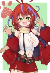  1girl :d akane_canna akane_canna_(1st_costume) antenna_hair armor belt black_belt blush breasts brown_belt button_gap claw_pose cleavage commentary_request cowboy_shot dated fang green_background green_eyes hair_intakes happy_birthday jacket jacket_partially_removed k_(ve_do_9k) large_breasts looking_at_viewer loose_belt medium_bangs medium_hair messy_hair midriff multicolored_hair nanashi_inc. navel open_mouth pauldrons pencil_skirt plaid plaid_jacket purple_hair purple_jacket red_hair red_jacket red_skirt scarf shirt shoulder_armor single_pauldron skirt smile solo streaked_hair suspender_skirt suspenders two-sided_fabric two-sided_jacket two-tone_hair virtual_youtuber white_shirt wing_hair_ornament yellow_scarf 