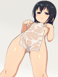  1girl black_eyes black_hair blush cleft_of_venus commentary_request flat_chest from_below gluteal_fold grey_background highres loli looking_at_viewer marui_hitoha mitsudomoe naked_towel navel nipples om_(nk2007) pussy see-through short_hair simple_background smile solo towel wet wet_towel 