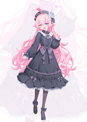  1girl ahoge alternate_costume black_dress black_footwear black_hat black_pantyhose blue_archive blue_eyes blush deadnooodles dress fang frilled_sleeves frills full_body gothic_lolita halo hat heterochromia highres hoshino_(blue_archive) lolita_fashion long_hair long_sleeves looking_at_viewer open_mouth pantyhose pink_hair pink_halo shoes solo yellow_eyes zoom_layer 