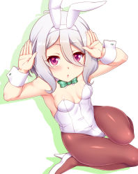  1girl animal_ears antenna_hair bare_shoulders blush bow bowtie breasts brown_pantyhose detached_collar dress fake_animal_ears green_bow green_bowtie hair_between_eyes hair_ornament high_heels highres kokkoro_(princess_connect!) leotard looking_at_viewer pantyhose playboy_bunny pointy_ears princess_connect! purple_eyes rabbit_ears rabbit_pose short_hair silver_hair simple_background small_breasts solo strapless strapless_dress surume_(clavis) white_leotard wrist_cuffs 