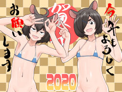  2020 2girls absurdres ahoge animal_ears asha bikini black_eyes black_hair blue_bikini bottomless breasts buck_teeth checkered_background chinese_zodiac commentary_request cowboy_shot finger_counting_duo groin hair_between_eyes hair_ornament hair_over_one_eye hairclip happy_new_year highres long_bangs looking_at_viewer medium_bangs micro_bikini mount_fuji mountain_print mouse_ears mouse_girl multiple_girls navel new_year ok_sign open_mouth original out-of-frame_censoring print_bikini small_breasts smile swimsuit teeth translation_request upper_teeth_only v v-shaped_eyebrows year_of_the_rat yellow_background 