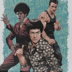  3boys afro american_flag american_flag_print black_hair black_shirt bruce_lee character_request clenched_hands commentary crew_cut dark-skinned_male dark_skin english_commentary english_text enter_the_dragon facial_hair fighting_stance flag_print highres jean-claude_van_damme jim_kelly long_sleeves looking_at_viewer male_focus martial_arts multiple_boys muscular muscular_male open_mouth real_life seung_eun_kim shirt short_hair shoulder_tattoo tank_top tattoo watch western_comics_(style) wristwatch 