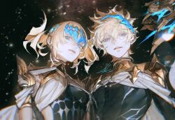  1boy 1girl armor au_(d_elete) black_shirt blonde_hair blue_eyes breasts brother_and_sister castor_(fate) closed_mouth collar diadem fate/grand_order fate_(series) highres looking_at_viewer medium_hair metal_collar pauldrons pollux_(fate) robe shirt short_hair shoulder_armor siblings signature small_breasts twins twitter_username white_robe 