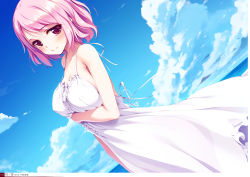 1girl absurdres alternate_costume beach blush breast_hold breasts cloud day dress dutch_angle frills highres ke-ta large_breasts looking_at_viewer non-web_source ocean outdoors photoshop_(medium) pink_eyes pink_hair saigyouji_yuyuko short_hair sky smile solo strap_gap sundress touhou translation_request twisted_torso rating:Sensitive score:18 user:danbooru