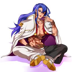 1girl abs amazon_warrior annoyed arc_system_works azrael_(blazblue) bad_id bad_pixiv_id belt blazblue blazblue:_chronophantasma blue_hair boots breasts cape female_focus frown full_body genderswap genderswap_(mtf) jacket jacket_on_shoulders large_breasts lips long_hair looking_at_viewer multiple_belts muscular muscular_female no_bra pants red_eyes simple_background sisamakon sitting solo tattoo topless white_background rating:Questionable score:19 user:armorcrystal
