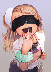 1girl absurdres after_fellatio blindfold blonde_hair blouse blush bowtie bra bra_lift braid braided_bangs breasts cum cum_in_mouth cum_on_tongue cunnilingus_gesture gradient_background gyaru highres loli long_hair looking_at_viewer muk_(monsieur) nipples one_breast_out one_side_up open_clothes open_mouth open_shirt oral_invitation original scrunchie shirt simple_background small_breasts solo striped_bow striped_bowtie striped_clothes teeth tongue tongue_out underwear upper_teeth_only uvula wavy_hair white_shirt wrist_scrunchie yonic_symbol rating:Explicit score:390 user:Dweenie