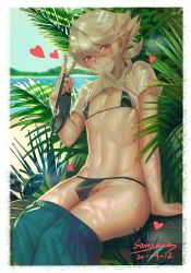  1boy abs areola_slip arm_support asymmetrical_hair beach bikini black_bikini blonde_hair blush border bulge clothes_in_mouth clothes_lift clothes_pull corrin_(fire_emblem) corrin_(male)_(fire_emblem) corrin_(male)_(fire_emblem) crossdressing dated erection erection_under_clothes eyelashes unworn_eyewear feet_out_of_frame fire_emblem fire_emblem_fates hair_between_eyes heart highres looking_at_viewer male_focus medium_hair micro_bikini mixed-language_commentary mouth_hold naughty_face navel nintendo pants pants_pull pink_eyes plant samsara_(shuukeura) see-through shirt_in_mouth shirt_lift short_sleeves signature sitting smile solo swimsuit toned trap v wet wet_clothes  rating:Questionable score:188 user:danbooru