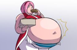  1girl axel-rosered belly belly_stuffing big_belly boruto:_naruto_next_generations bracelet breasts bursting_belly doughnut eating facial_mark fat food hair_ornament haruno_sakura huge_belly jewelry large_breasts naruto_(series) naruto_shippuuden navel obese obese_female panties pink_hair pregnant short_hair solo striped_clothes striped_panties thick_thighs thighs underwear weight_gain  rating:Sensitive score:19 user:Arthur2021