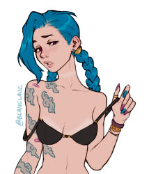  1girl arcane:_league_of_legends arcane_jinx arm_tattoo bare_shoulders bikini_tan black_bra blanclauz blue_hair blue_nails bra bracelet braid breasts cloud_tattoo commentary earrings english_commentary fingernails half-closed_eyes head_tilt highres jewelry jinx_(league_of_legends) league_of_legends linea_alba lips long_fingernails long_hair low_twin_braids mismatched_eyebrows multicolored_nails nose out-of-frame_censoring purple_eyes purple_nails shoulder_tattoo small_breasts solo strap_slip tan tanline tattoo thick_eyebrows thumb_ring twin_braids underwear undressing white_background  rating:Questionable score:162 user:danbooru