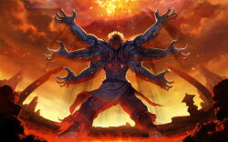  1boy angry asura&#039;s_wrath asura_(asura&#039;s_wrath) cloud cyborg extra_arms fantasy fire from_behind full_body highres male_focus muscular muscular_male official_art outdoors red_sky science_fiction short_hair sky solo standing third-party_source white_hair 