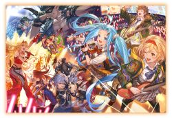  5boys 6+girls alternate_costume alternate_hairstyle arm_up audience band_uniform bass_guitar beatrix_(granblue_fantasy) belt black_belt black_gloves black_hair black_thighhighs blonde_hair blue_bow blue_eyes blue_hair blunt_bangs bow breasts brown_eyes brown_hair cain_(granblue_fantasy) camera cleavage_cutout closed_eyes clothing_cutout colored_skin concert confetti djeeta_(granblue_fantasy) draph dress earrings electric_guitar europa_(granblue_fantasy) eyepatch floating_hair gloves glowstick godsworn_alexiel gran_(granblue_fantasy) granblue_fantasy grey_hair grimnir_(granblue_fantasy) grin guitar hair_between_eyes hair_intakes hair_ornament hat headband highres holding holding_microphone hood hood_down instrument jacket jewelry light_frown long_hair looking_at_another looking_at_viewer loose_socks lyria_(granblue_fantasy) medium_breasts messy_hair microphone minaba_hideo multiple_boys multiple_girls music necklace necktie official_art one_eye_closed open_clothes open_jacket open_mouth overalls parted_bangs pectorals plaid plaid_overalls plaid_skirt pointy_ears ponytail purple_skin red_bow red_gloves red_hair reinhardtzar school_uniform screen shiva_(granblue_fantasy) singing skirt small_breasts smile socks sparkle sparks sun_hat thighhighs thong twintails vyrn_(granblue_fantasy) white_thighhighs zeta_(granblue_fantasy) 