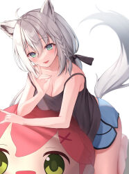  1girl absurdres ahoge alternate_costume animal_ear_fluff animal_ears black_bow black_camisole blue_shorts blush bow braid breasts camisole cleavage commentary_request fox_ears fox_girl fox_shadow_puppet fox_tail green_eyes hair_between_eyes hair_bow highres hololive iruka3 kneeling leaning_on_object long_hair looking_at_viewer open_mouth sakura_miko shirakami_fubuki short_shorts shorts sidelocks simple_background single_braid small_breasts solo tail virtual_youtuber white_background white_hair 