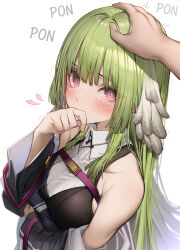  1girl 1other absurdres arknights bare_shoulders blush breasts collarbone commentary_request detached_sleeves feather_hair green_hair hand_on_another&#039;s_head heart heart-shaped_pupils highres long_hair looking_at_viewer medium_breasts no_headwear petting pink_eyes poncirus_(arknights) simple_background solo_focus symbol-shaped_pupils tab_head white_background  rating:General score:17 user:danbooru