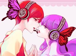  2girls highres kenjou_akira lacy_background magnet_(vocaloid) multiple_girls poni_akirasawa purple_hair_ornament tagme  rating:General score:1 user:Hyoroemon