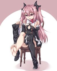  1girl barefoot blush boots breasts chair cleavage cleavage_cutout clothing_cutout fang feet foot_focus high_heel_boots high_heels highres holding holding_shoes krul_tepes kyuutou_(kyuutouryuu) long_hair owari_no_seraph parted_lips pink_eyes pink_hair pointy_ears shoes sitting smell soles steam thigh_boots thighhighs toes twintails unworn_boots unworn_shoes vampire  rating:Sensitive score:44 user:ssfl