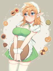  1girl alternate_costume apron blonde_hair blue_eyes blush breasts brown_background cleavage collarbone cowboy_shot dress earrings enmaided genderswap genderswap_(mtf) green_dress green_ribbon hair_between_eyes highres holding holding_tray jewelry large_breasts link long_hair looking_to_the_side maid maid_headdress neck_ribbon nintendo pointy_ears ribbon shiny_skin short_dress skindentation solo the_legend_of_zelda the_legend_of_zelda:_breath_of_the_wild thighhighs tray ttanuu. waist_apron white_background white_thighhighs wrist_cuffs zettai_ryouiki  rating:Sensitive score:18 user:danbooru
