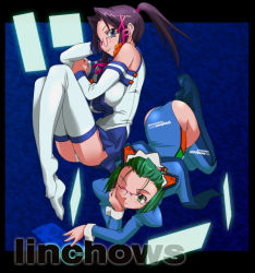  2girls 2k-tan all_fours arm_support ass bad_anatomy bad_id bare_shoulders blue_eyes blue_skirt blush breasts brown_hair fetal_position futsuu_no_hito glasses green_eyes green_hair hair_intakes hair_ornament hairclip head_rest impossible_clothes impossible_shirt large_breasts leotard logo long_hair long_legs long_sleeves looking_at_viewer lying maid_headdress matching_hair/eyes miniskirt multiple_girls one-piece_swimsuit one_eye_closed os-tan panties pantyshot ponytail puffy_sleeves pun purple_hair reclining sailor_collar school_uniform serafuku shirt short_hair sidelocks sitting skirt smile swimsuit swimsuit_under_clothes thighhighs top-down_bottom-up underwear white_panties white_thighhighs wink xp-tan zettai_ryouiki 