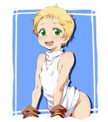  1girl :d blonde_hair blush bottomless covered_erect_nipples female_focus flat_chest funnyari gloves green_eyes leaning_forward loli open_mouth original short_hair sleeveless smile solo sweater teeth turtleneck upper_teeth_only  rating:Questionable score:74 user:Dweenie