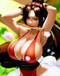  1girl absurdres arms_behind_head breasts brown_hair cleavage female_focus folding_fan hand_fan highres huge_breasts long_hair looking_at_viewer mouth_hold shiranui_mai sideboob solo strap_gap  rating:Explicit score:24 user:phdchristmas