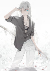  1girl black_bra black_nails blue_eyes bra collarbone collared_shirt grey_shirt hand_in_own_hair highres holding holding_sword holding_weapon jewelry katana long_hair looking_at_viewer necklace one_eye_closed original pants partially_submerged partially_unbuttoned shirt signature sleeves_rolled_up solo sword underwear weapon white_hair white_pants yagi_(shiro_yagi) 