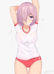 1girl alternate_costume arm_behind_head arm_up arms_up blush bra breasts buruma cleavage closed_mouth dated fate/grand_order fate_(series) gluteal_fold grey_background gym_uniform hair_over_one_eye kuavera light_purple_hair looking_at_viewer mash_kyrielight medium_breasts pink_hair purple_bra purple_eyes see-through shirt short_hair short_sleeves simple_background solo sportswear thigh_gap twitter_username underwear wet wet_clothes wet_shirt rating:Questionable score:31 user:danbooru