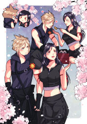  1boy 1girl apron arm_ribbon babigonice bare_shoulders belt_buckle black_apron black_gloves black_hair black_pants black_shorts black_vest blonde_hair blue_eyes blush blush_stickers border breasts buckle cherry_blossoms closed_eyes cloud_strife collarbone commentary couple cowboy_shot crop_top cropped_torso earrings english_commentary falling_petals feeding final_fantasy final_fantasy_vii final_fantasy_vii_advent_children flower food gloves hand_up heart highres holding holding_hands holding_phone interlocked_fingers jewelry large_breasts long_hair looking_at_another looking_up midriff multiple_views navel onigiri open_mouth outdoors outside_border pants petals phone pink_petals popped_collar red_eyes red_ribbon ribbed_shirt ribbon shirt short_hair shorts shoulder_belt single_bare_shoulder single_earring single_shoulder_pad sitting sleeveless sleeveless_shirt smile spiked_hair sunflower swept_bangs taking_picture tank_top tifa_lockhart upper_body v vest waist_apron white_border white_tank_top 