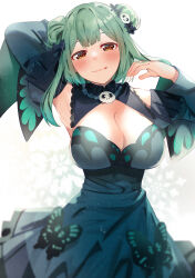  1girl :p alternate_breast_size aqua_dress arm_behind_head arm_up armpits black_bow black_ribbon blurry blush bow breasts brown_eyes brown_hair butterfly_ornament cleavage cleavage_cutout closed_mouth clothing_cutout collar cowboy_shot detached_sleeves double_bun dress frilled_collar frills green_hair hair_bow hair_bun hair_lift hair_ornament hair_ribbon half-closed_eyes hand_in_own_hair head_tilt hololive large_breasts licking_lips lips long_sleeves looking_at_viewer ribbon seductive_smile skull_hair_ornament smile solo tonarikeru tongue tongue_out uruha_rushia uruha_rushia_(1st_costume) 