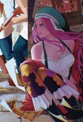  1girl absurdres anti-eyebrow_piercing bare_shoulders chromatic_aberration closed_mouth commentary crop_top english_commentary feet_out_of_frame floating_hair floral_print hat hiding highres jewelry_bonney long_hair looking_to_the_side multiple_boys mygiorni on_ground one_piece pink_eyes pink_hair short_shorts shorts suspenders thighhighs twitter_username wanted 