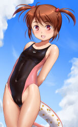  1girl animal_print arms_behind_back blue_sky blush brown_hair cameltoe cat_print cloud competition_swimsuit covered_erect_nipples covered_navel day fang hair_bobbles hair_ornament highleg highleg_swimsuit highres innertube loli looking_at_viewer one-piece_swimsuit open_mouth original pink_eyes sky solo swim_ring swimsuit takase_yuu twintails 