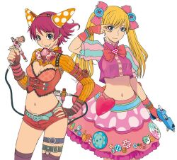  2girls air_compressor air_gun aqua_shirt arm_at_side azuma_kiyohiko belt belt_buckle black_eyes blonde_hair blue_belt blue_eyes border bow bowtie bra bracelet breasts brooch brown_gloves buckle button_hair_ornament chest_harness cleavage cleavage_cutout clothing_cutout commentary cone_hair_bun cowboy_shot crop_top cropped_shirt eyelashes fingerless_gloves frilled_skirt frills garter_straps gas_mask gloves glue_gun hair_bow hair_bun hairband hand_on_own_hip hand_up harness heart heart_brooch holding jewelry long_hair long_sleeves mask mask_around_neck medium_breasts midriff multiple_girls navel official_art orange_shrug pink_bow pink_bowtie pink_bra pink_gloves pink_hair pink_shirt pink_skirt polka_dot polka_dot_bra puffy_short_sleeves puffy_sleeves purple_thighhighs red_hairband red_shorts reset_(wonder_festival) shirt short_hair short_shorts short_sleeves shorts shrug_(clothing) side-by-side simple_background skirt standing swept_bangs thigh_strap thighhighs twintails two-tone_shirt underwear v v_over_eye wanda_(wonder_festival) white_background white_border wonder_festival wonder_festival_mascots 