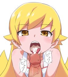 10s 1boy 1girl blonde_hair bubukka cum cum_in_mouth cum_on_tongue decensored ejaculation erection hetero japanese_text loli long_hair looking_at_viewer monogatari_(series) open_mouth oshino_shinobu out_of_frame penis simple_background sound_effects teeth third-party_edit upper_teeth_only veins veiny_penis white_background yellow_eyes rating:Explicit score:409 user:Tadakichi