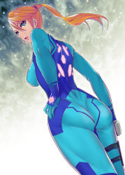  1girl ass blue_eyes bodysuit breasts hand_on_own_hip large_breasts long_hair metroid mole mole_under_mouth ponytail samus_aran solo uono_shinome zero_suit 