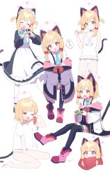  1girl absurdres animal_ear_headphones animal_ears apron bare_arms bare_legs bare_shoulders billbung black_dress black_skirt black_thighhighs blonde_hair blue_archive blue_necktie blush cat_tail collared_shirt dress fake_animal_ears frilled_apron frills halo headphones highres jacket long_sleeves maid maid_headdress momoi_(blue_archive) momoi_(maid)_(blue_archive) multiple_views necktie one-piece_swimsuit one_eye_closed open_mouth panties pantyhose pink_halo polka_dot polka_dot_panties red_eyes shirt short_hair skirt smile swimsuit tail thighhighs underwear white_apron white_jacket white_one-piece_swimsuit white_pantyhose white_shirt 
