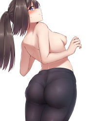1girl absurdres akizuki_(kancolle) ass back black_hair black_pants blue_eyes blush breasts closed_mouth commentary_request cowboy_shot from_behind highres kantai_collection kiritto long_hair looking_at_viewer looking_back medium_breasts motion_lines nipples pants ponytail purple_eyes solo spoken_blush sweat thighs topless yoga_pants rating:Questionable score:50 user:danbooru