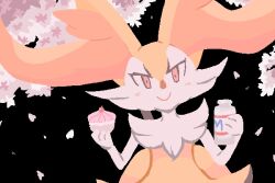 1girl animal_ear_fluff animal_ears black_background blush bottle braixen cherry cherry_blossoms closed_mouth creatures_(company) drink female_focus flat_chest flat_color food fox_ears fox_girl fruit furry furry_female game_freak gardear058 gen_6_pokemon happy holding holding_bottle holding_drink holding_food jaggy_lines light_blush looking_at_viewer milk_bottle neck_fur nintendo no_lineart petals poke_puff pokemon pokemon_(creature) red_eyes sketch smile solo standing straight-on tree upper_body